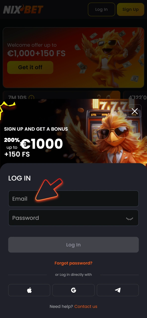Log in om te beginnen met spelen in de NixBet Android-app.