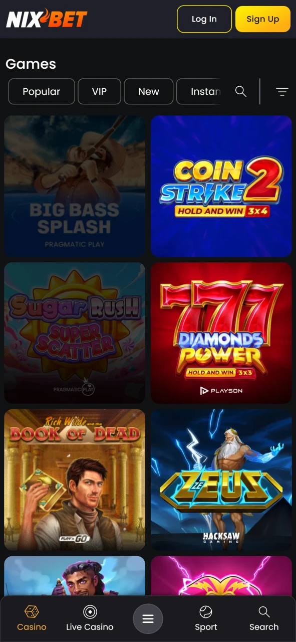 Probeer verschillende gokkasten en andere casinospellen uit in de NixBet-app.
