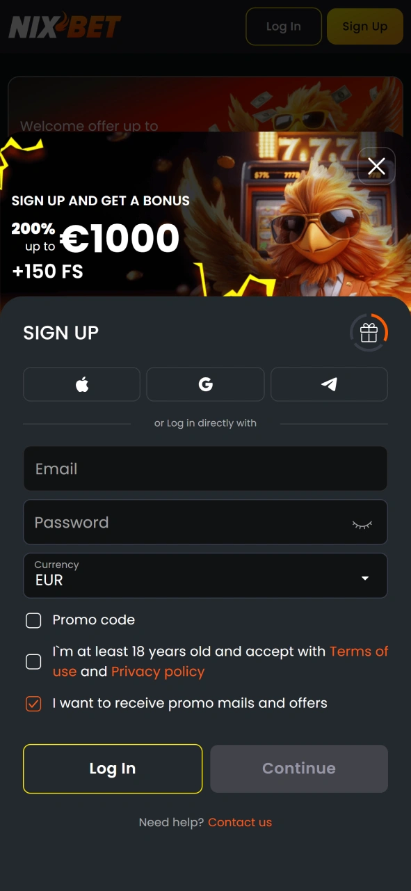 Maak in een paar tikken je account aan via de NixBet-app.