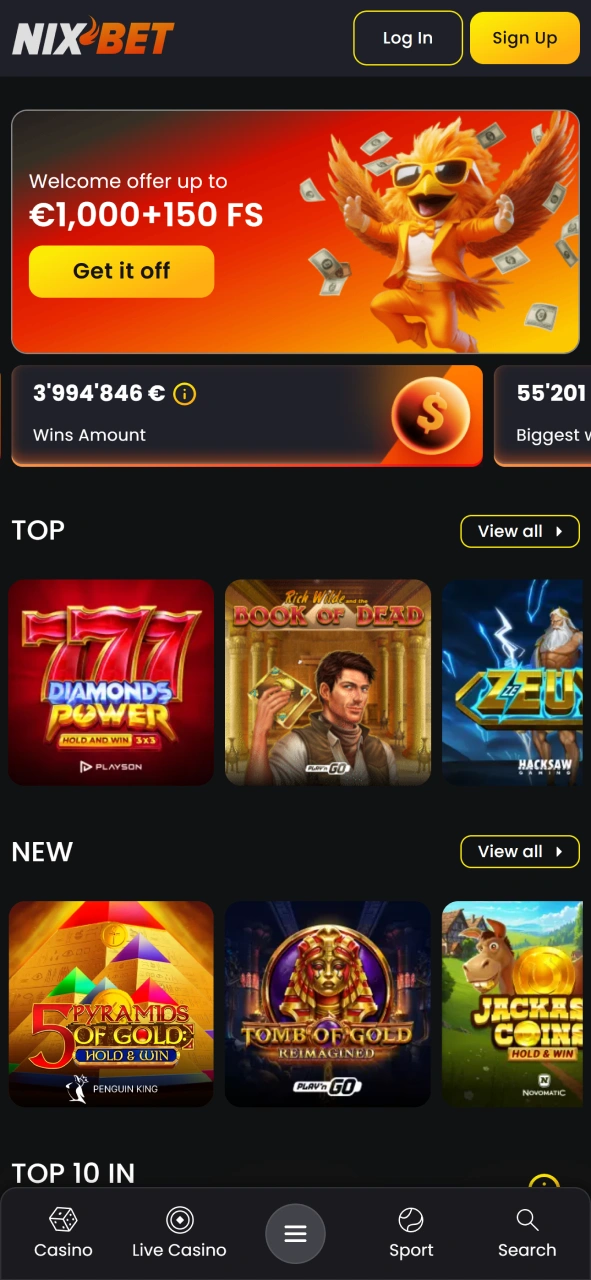 Bezoek de hoofdpagina van de NixBet-app voor het laatste casinonieuws.