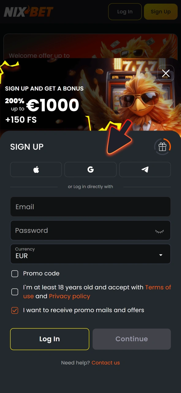Registreer of log in op de NixBet iOS-app en speel.